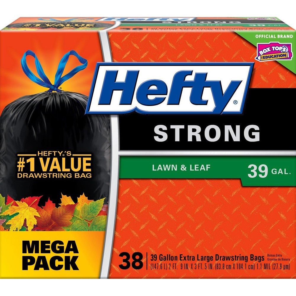 Hefty Strong Lawn and Leaf Large Garbage Bags front packaging 38 count pack.