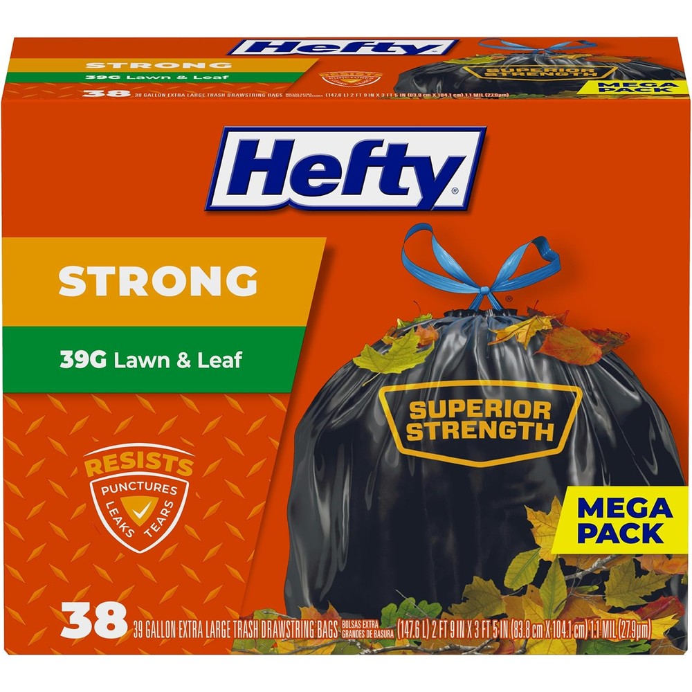 Hefty Strong Lawn and Leaf 39 Gallon Trash Bags front view packaging.