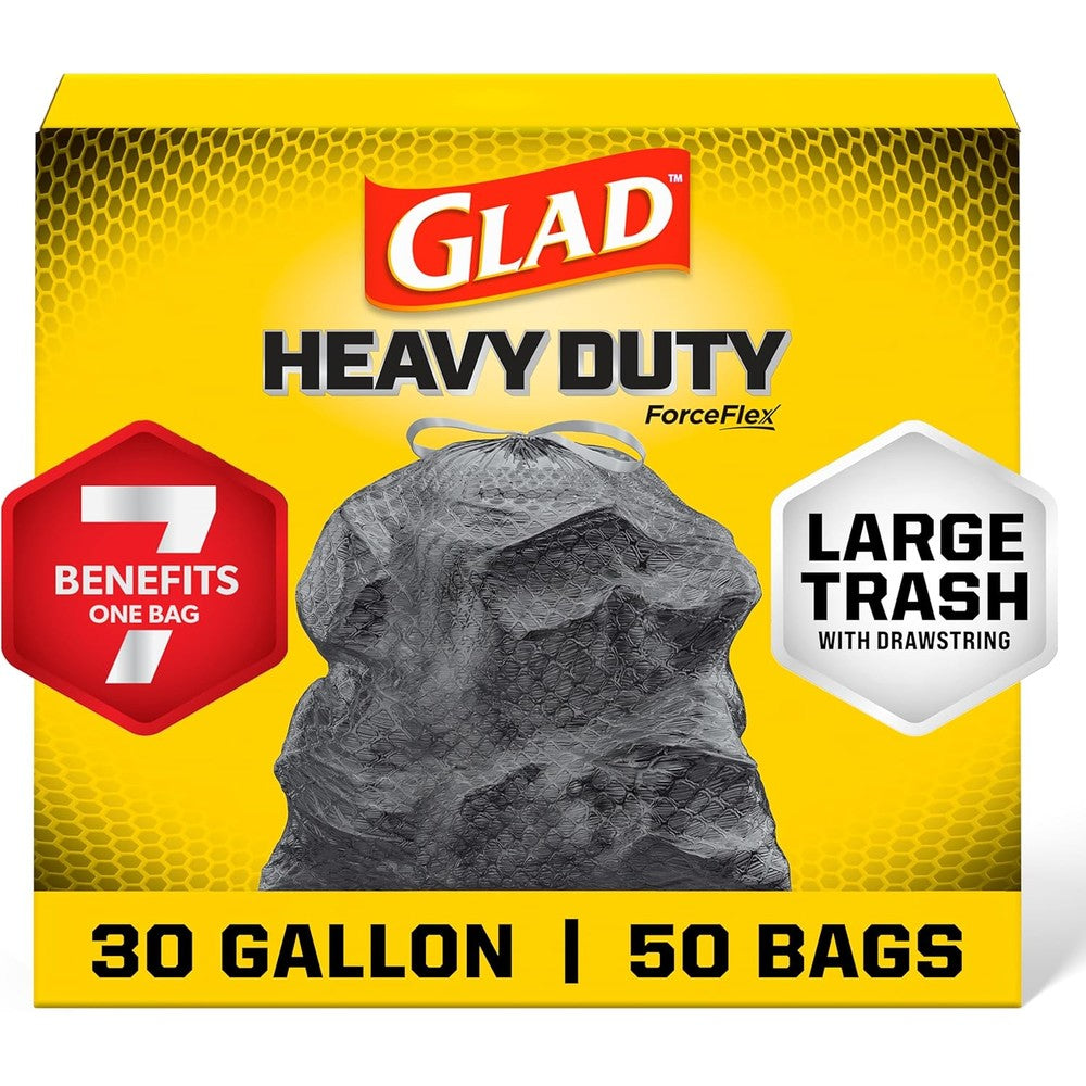 Glad Large 30 Gallon Trash Bags front view of heavy duty packaging.