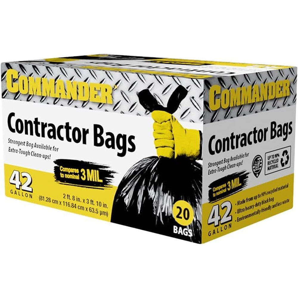 Commander 42 Gallon heavy duty black garbage bags front box view for contractor and industrial waste cleanup.