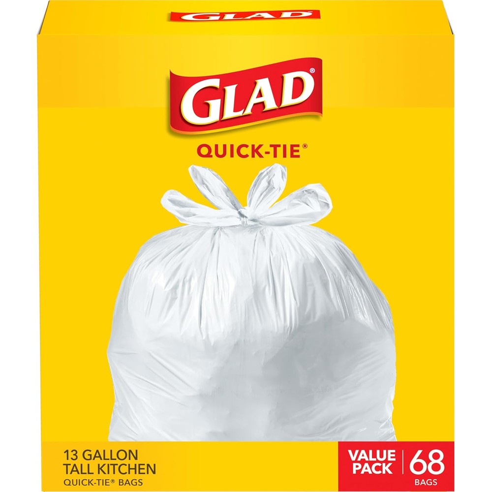 Glad tall kitchen quick-tie trash bags 68 count front packaging view showing authentic USA imported garbage liners.