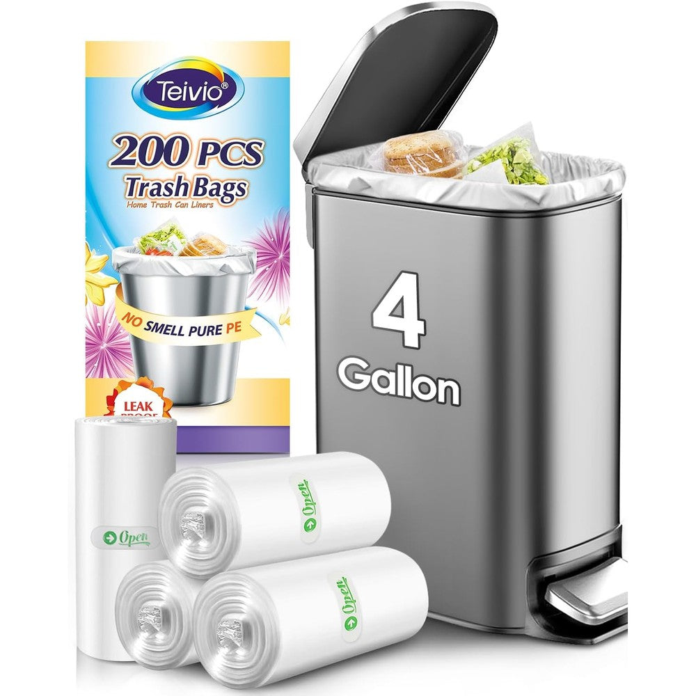 Teivio Small Trash Bags 4 Gallon 200 Count front view roll packaging
