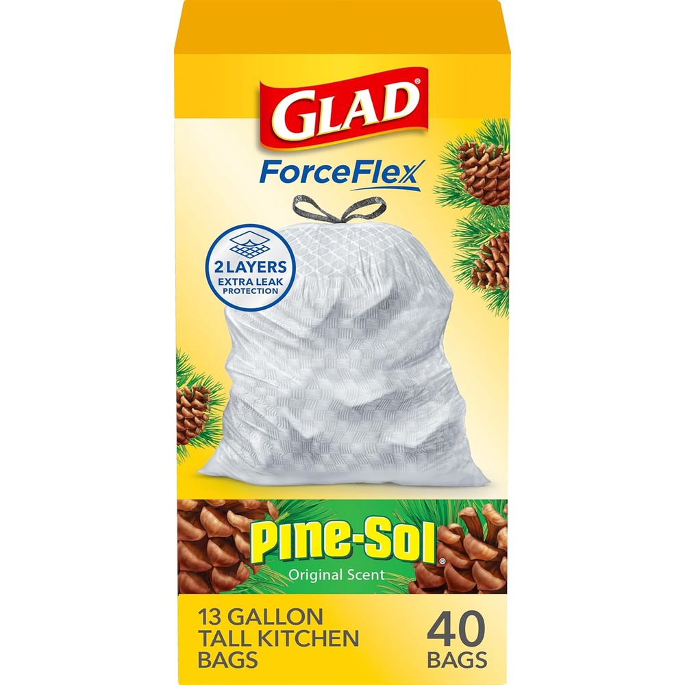 Glad ForceFlex tall kitchen trash bags 40 count box front view