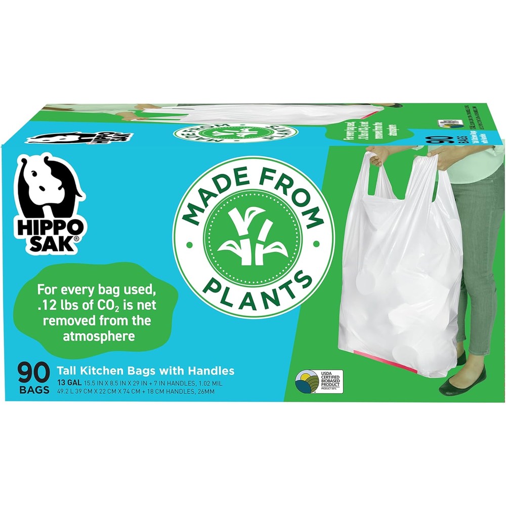 Hippo Sak plant based tall kitchen garbage bags ninety count pack front view demonstrating eco friendly sugarcane packaging.