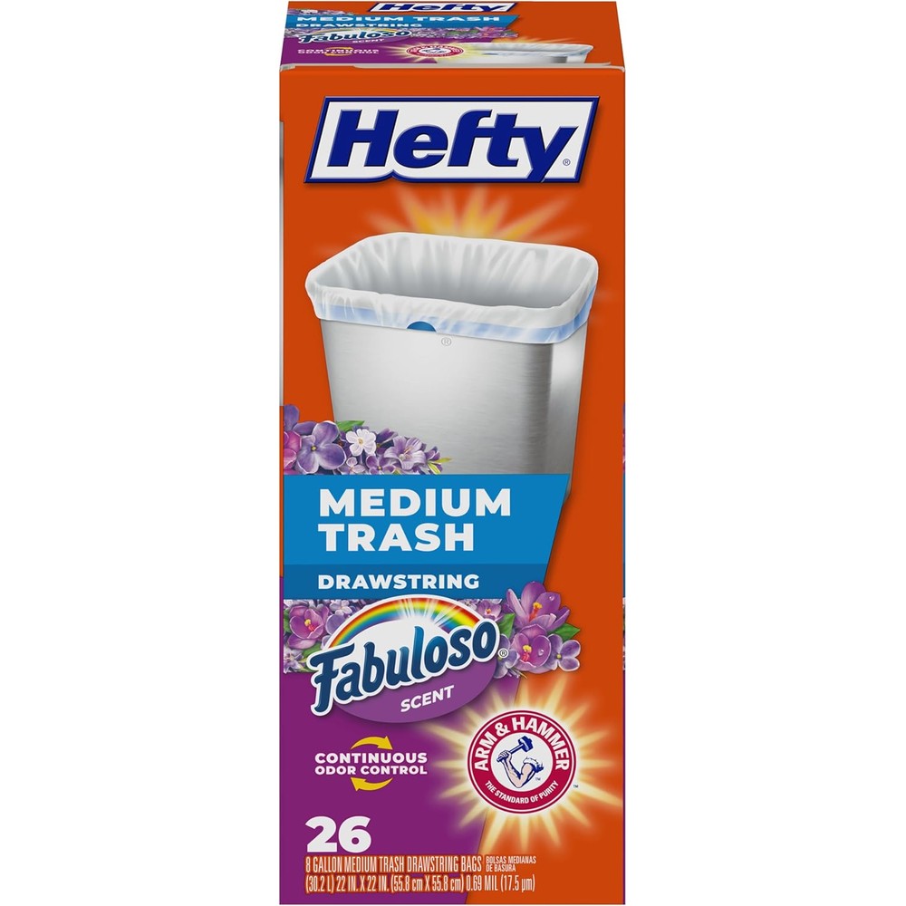 Hefty medium trash bags 8 gallon 26 count packaging front view showcasing lavender scent details.