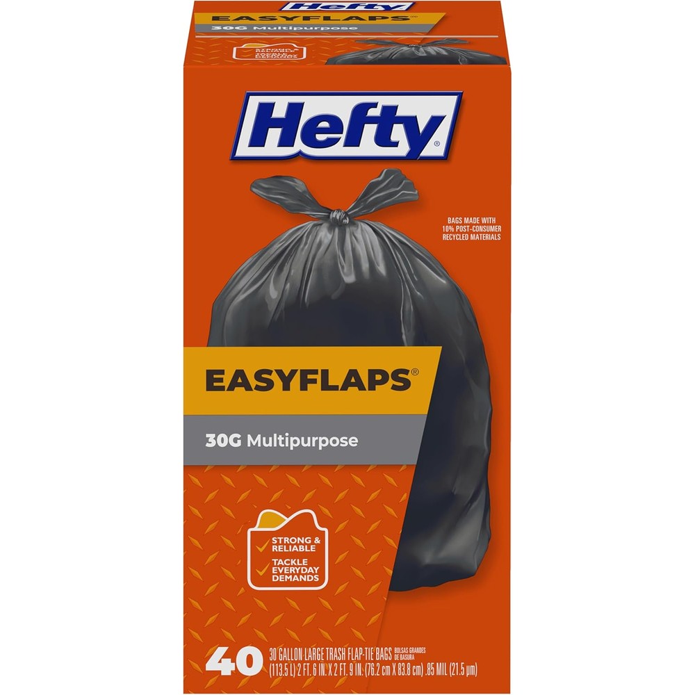 Hefty Easy Flaps 30 Gallon Trash Bags front view heavy duty waste bags