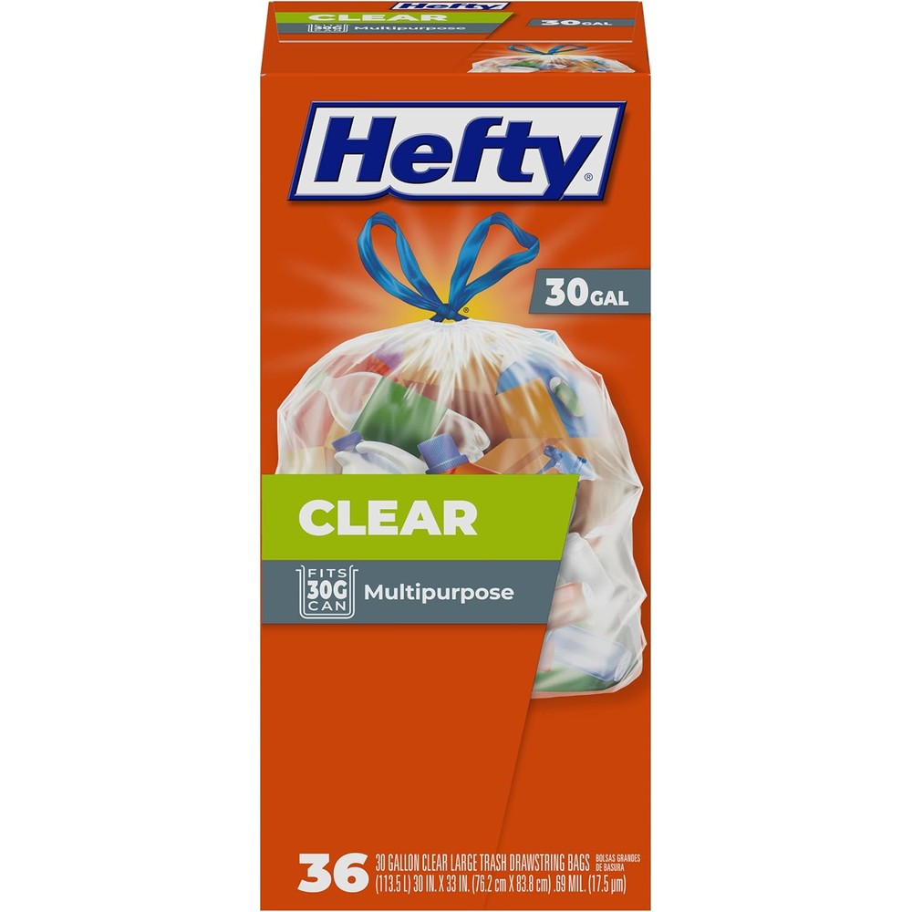 Hefty Clear 30 Gallon Trash Bags 36 Count front view recycling bags
