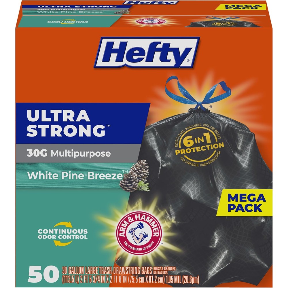 Hefty Ultra Strong large trash bags front packaging view