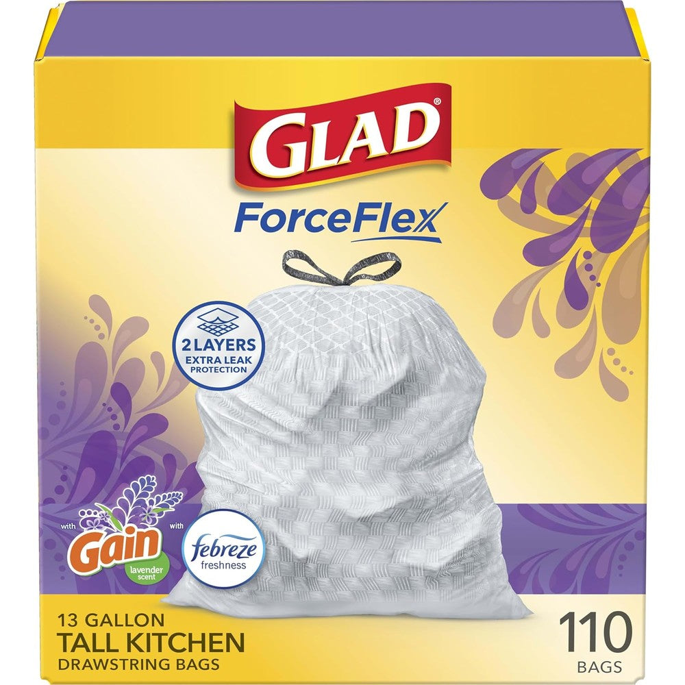 Glad ForceFlex tall kitchen drawstring trash bags front package view