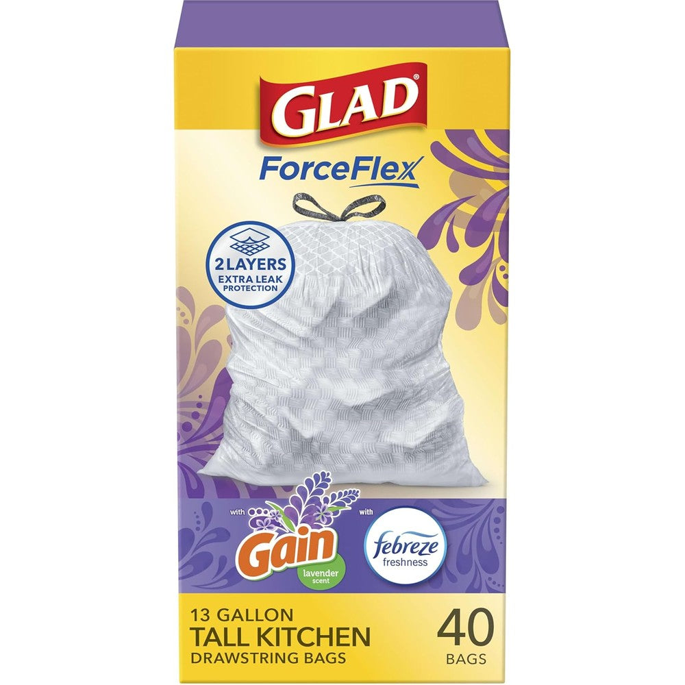 Glad ForceFlex 13 Gallon Trash Bags front view lavender scented