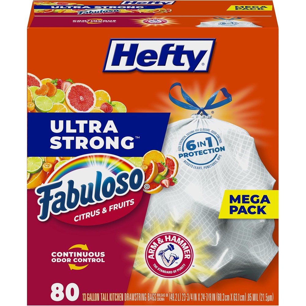 Hefty Ultra Strong 13 gallon trash bags front packaging view