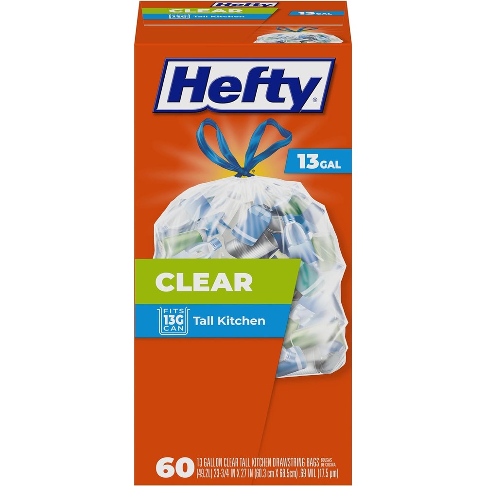 Hefty Clear Tall Kitchen Trash Bags 60 count box front view