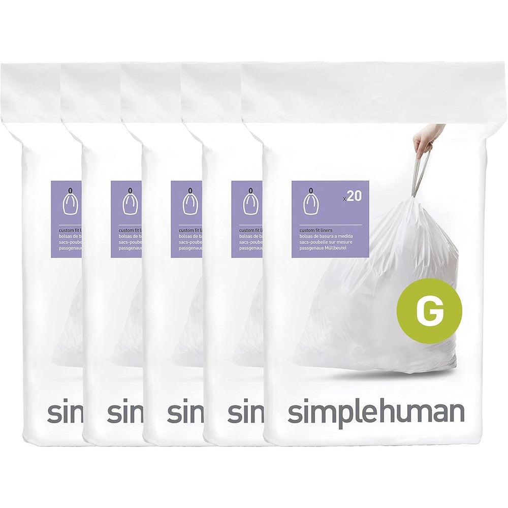 Simplehuman Code G custom fit liners 100 count dispenser pack front view showcasing official packaging.
