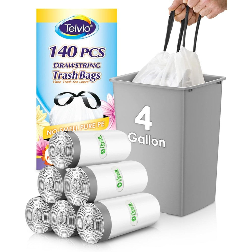 Teivio 4 gallon small drawstring trash bags white front view of product packaging.