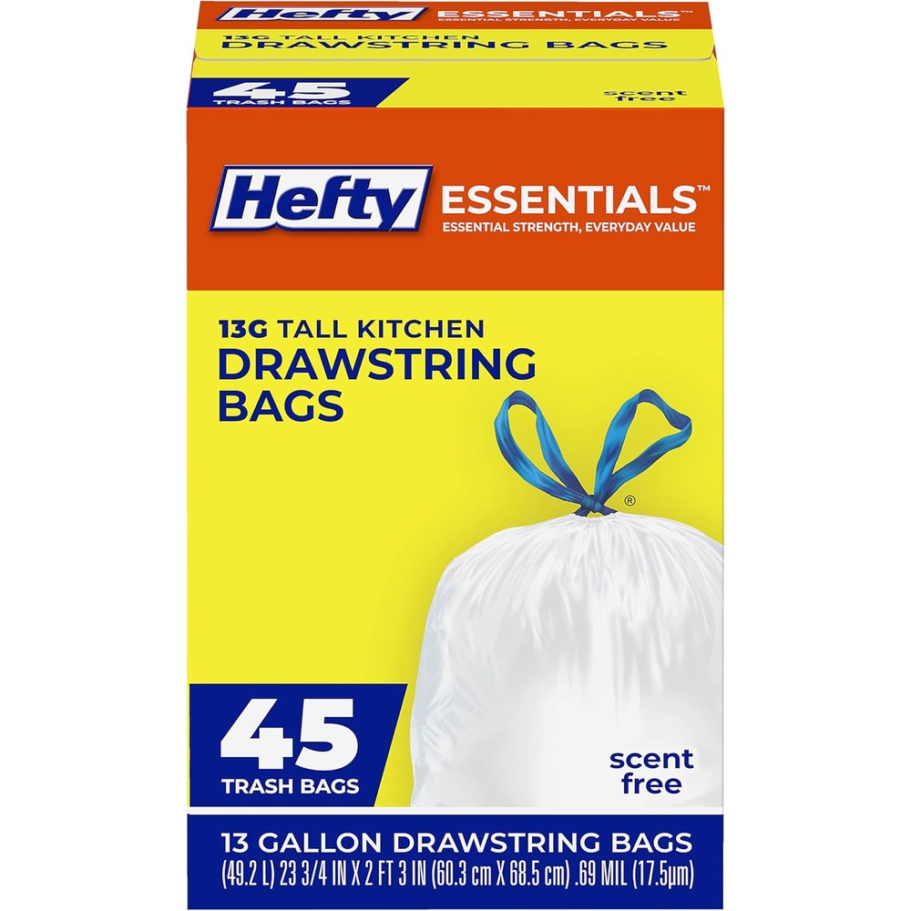 Hefty Essentials 13 Gallon Kitchen Trash Bags front view package