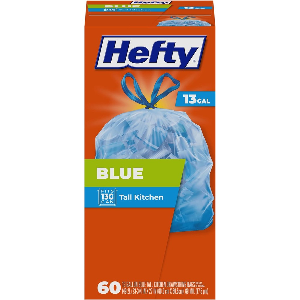 Hefty Blue Recycling Trash Bags 60 Count front view kitchen waste management.