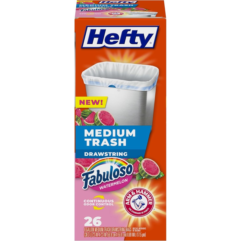 Hefty medium trash bags packaging front view showing watermelon scent logo.