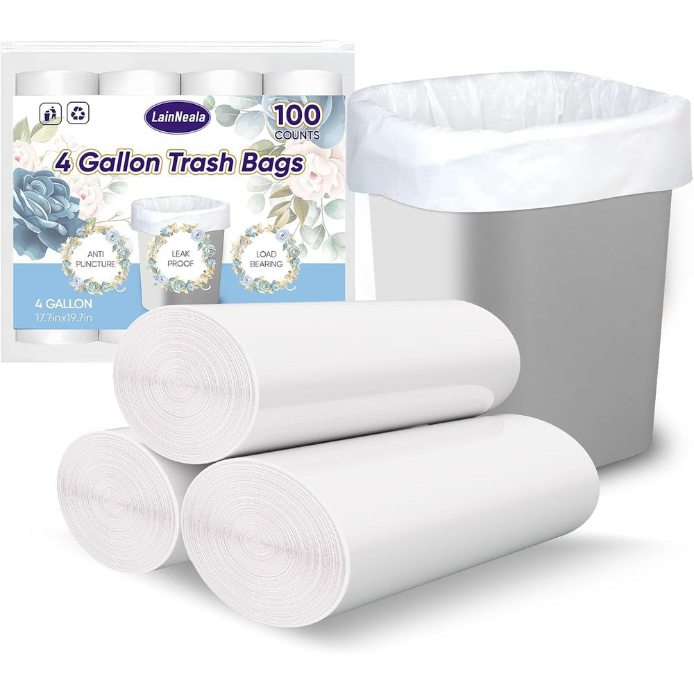 LainNeala small trash bags four gallon front view packaging containing one hundred white liners
