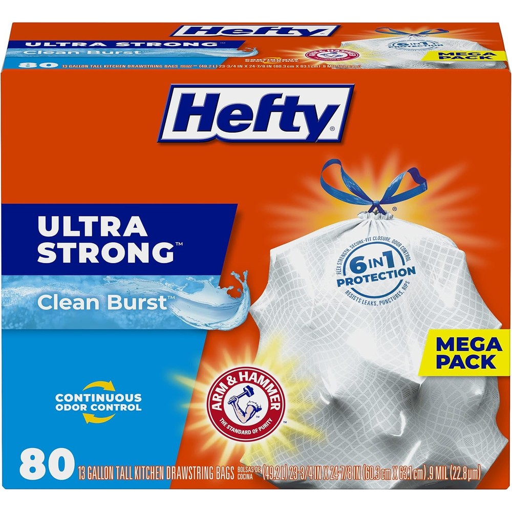Hefty Ultra Strong 13 Gallon Trash Bags front view 80 count pack