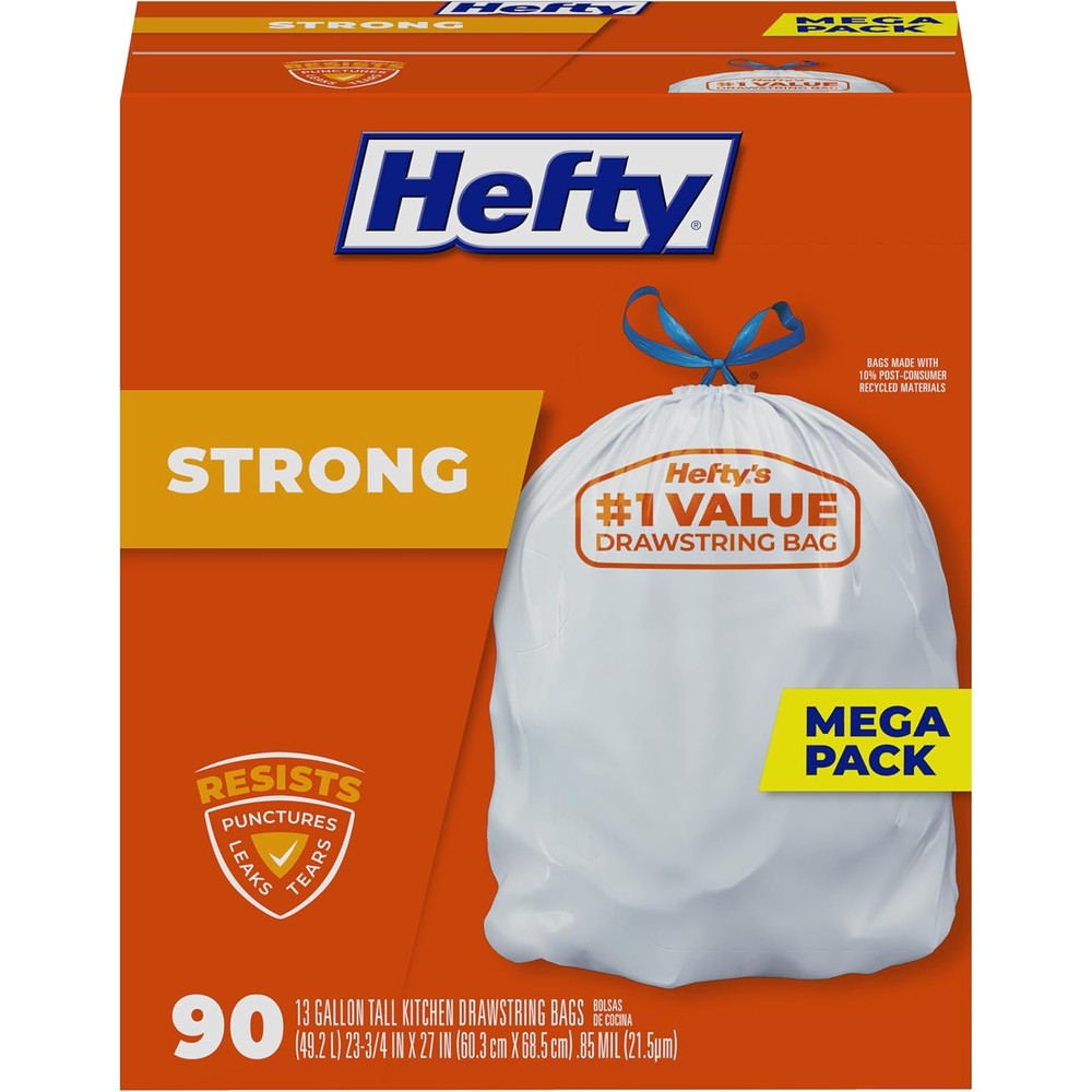 Hefty Strong 13 Gallon Tall Kitchen Trash Bags front view heavy duty garbage liners.