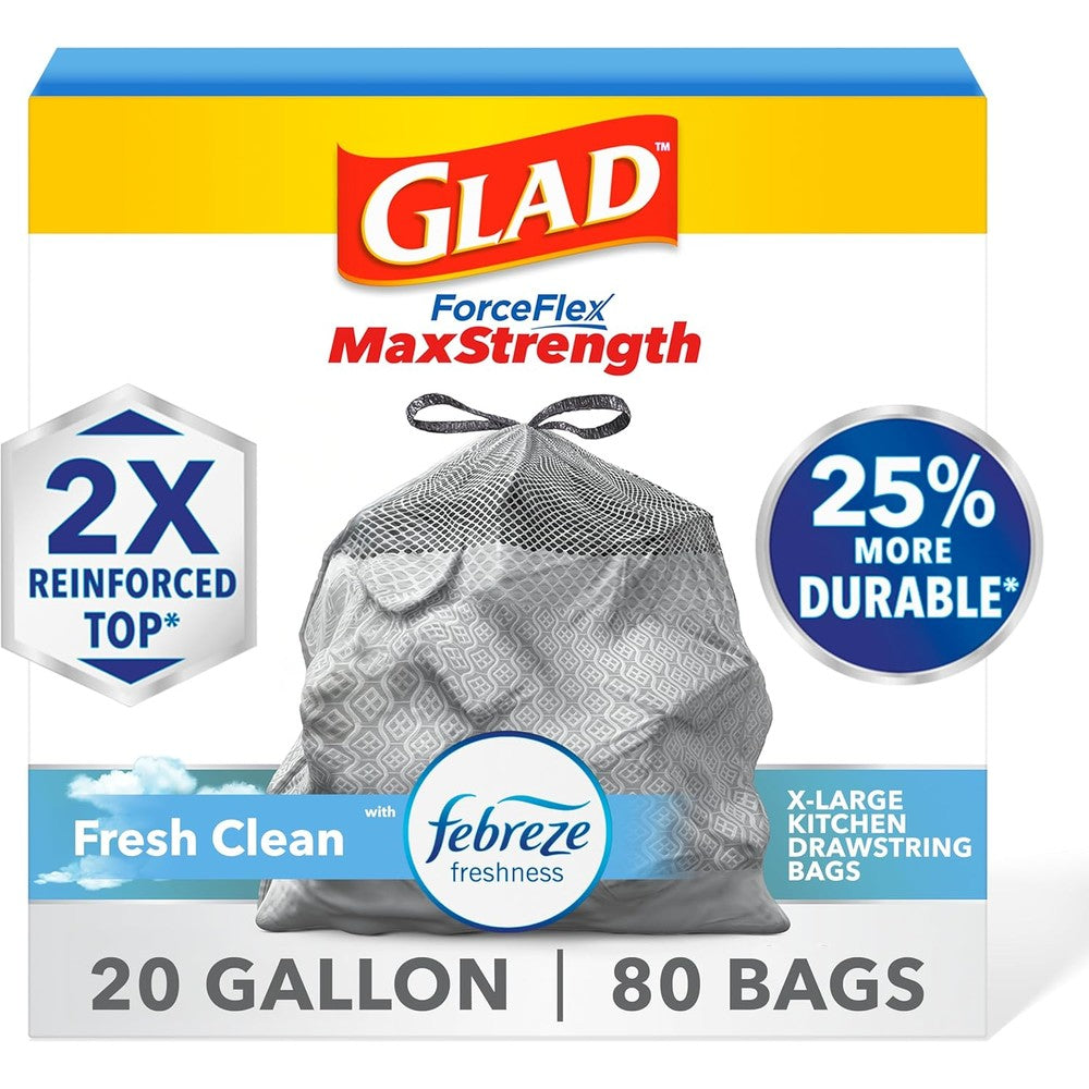 Glad ForceFlex MaxStrength XL Kitchen Trash Bags front packaging showing 80 count.