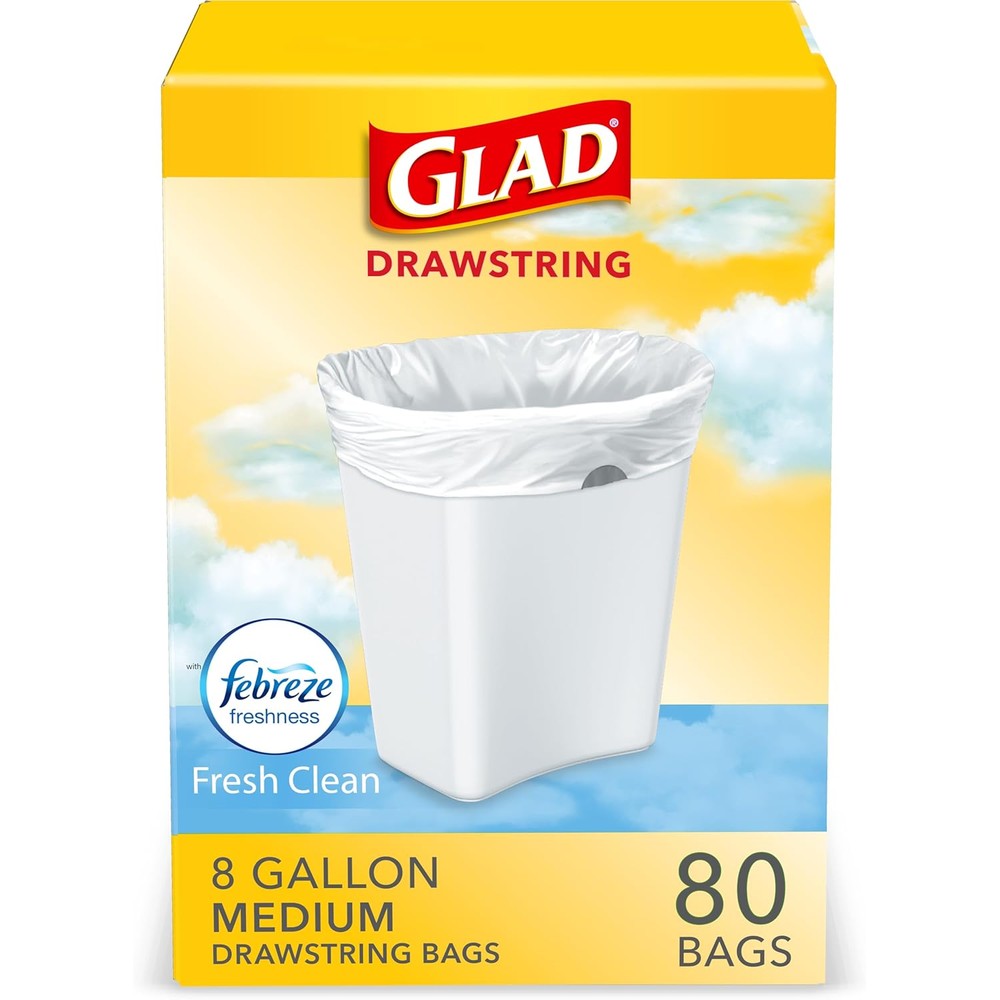 Glad medium kitchen drawstring trash bags front packaging view