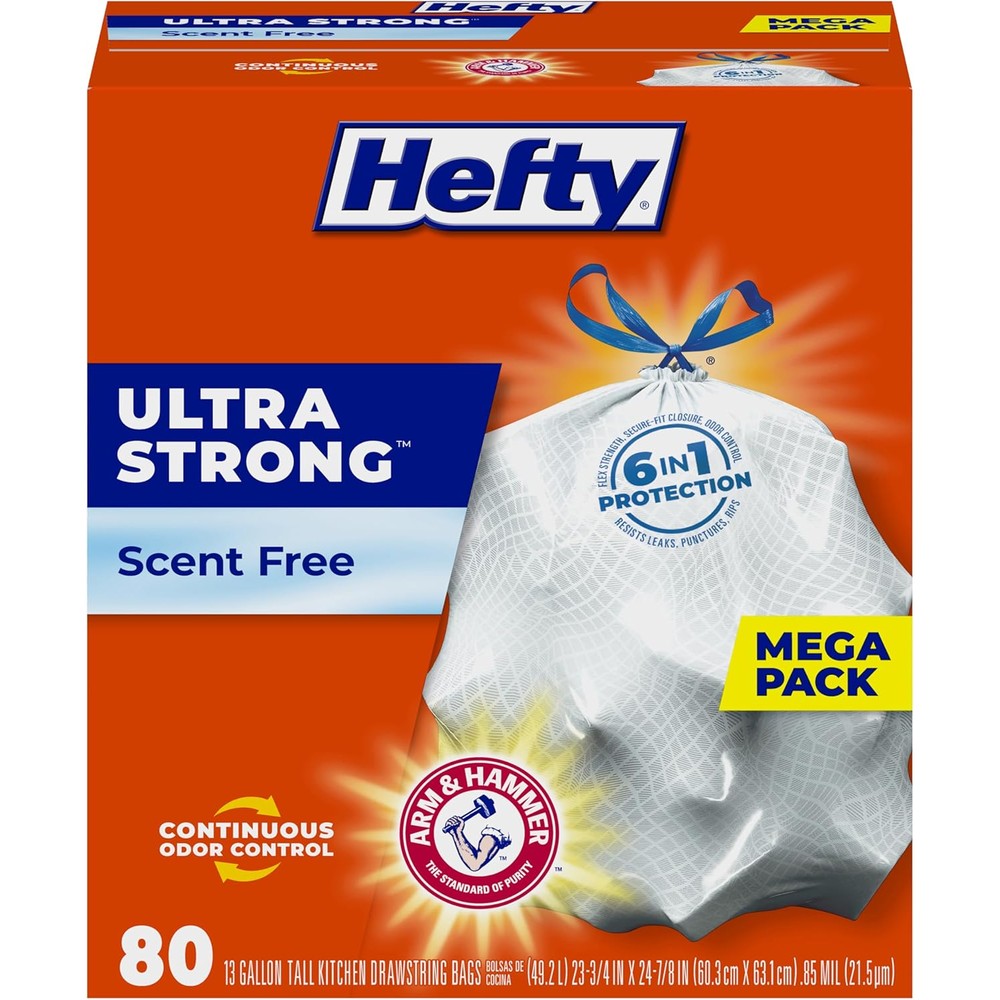 Hefty Ultra Strong 13 Gallon Trash Bags 80 Count box front view authentic imported