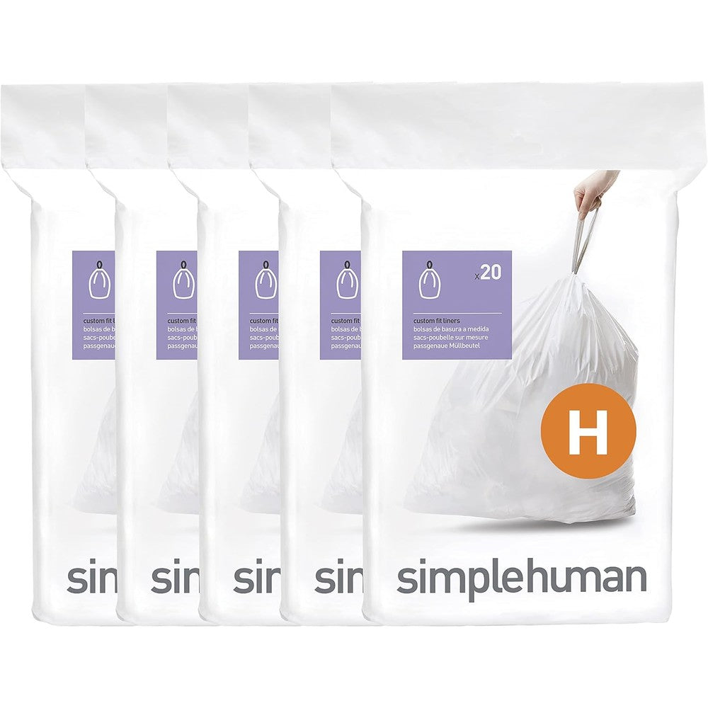 Simplehuman Code H custom fit liners front view package showing one hundred count drawstring trash bags.