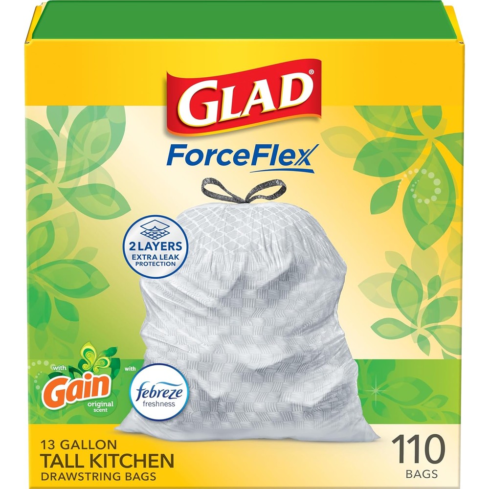Glad ForceFlex tall kitchen drawstring trash bags front packaging view