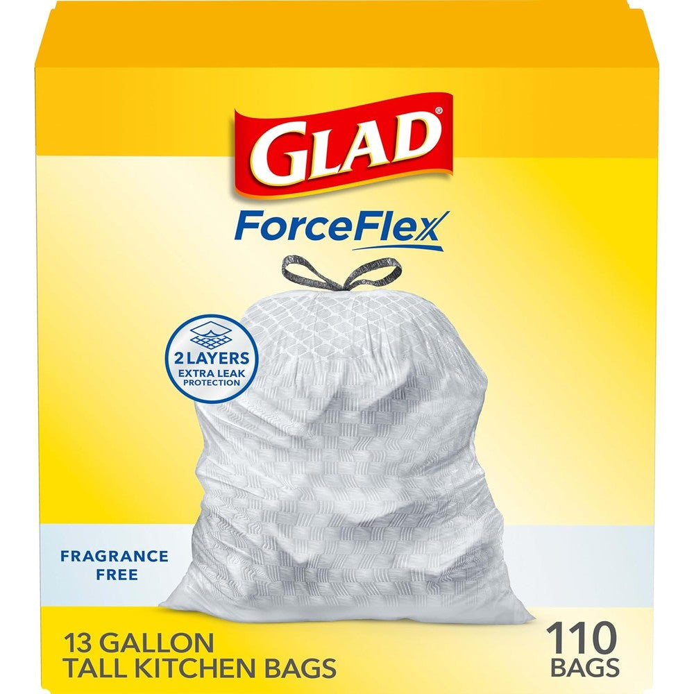 Glad ForceFlex tall kitchen drawstring trash bags front package view