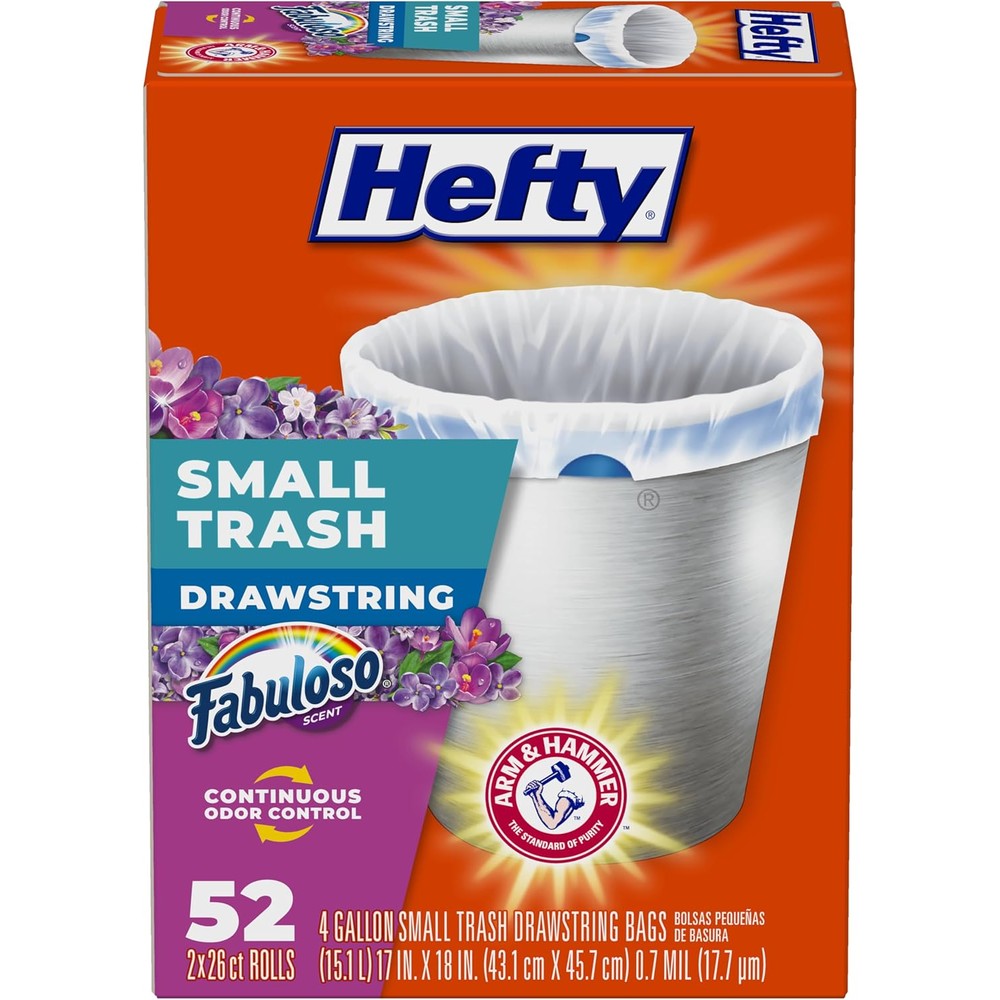 Hefty Small Trash Bags Fabuloso Scent front view package displaying 52 count drawstring liners
