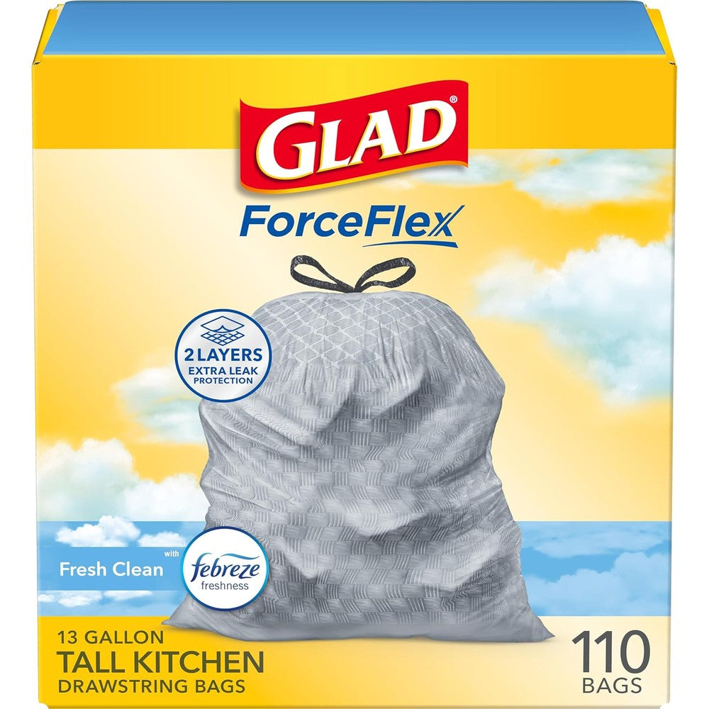 Glad tall kitchen drawstring trash bags front view of the packaging box