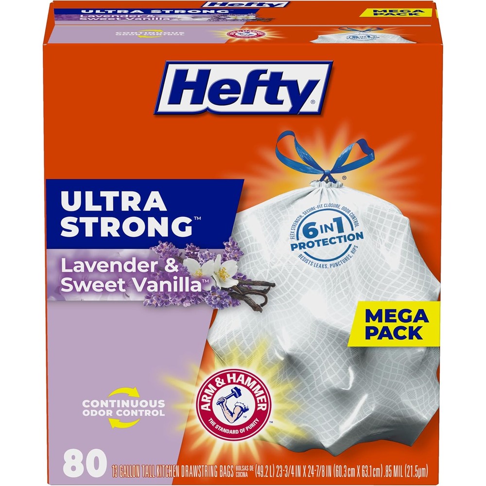 Hefty Ultra Strong Tall Kitchen Trash Bags 80 count front view showing lavender scent.