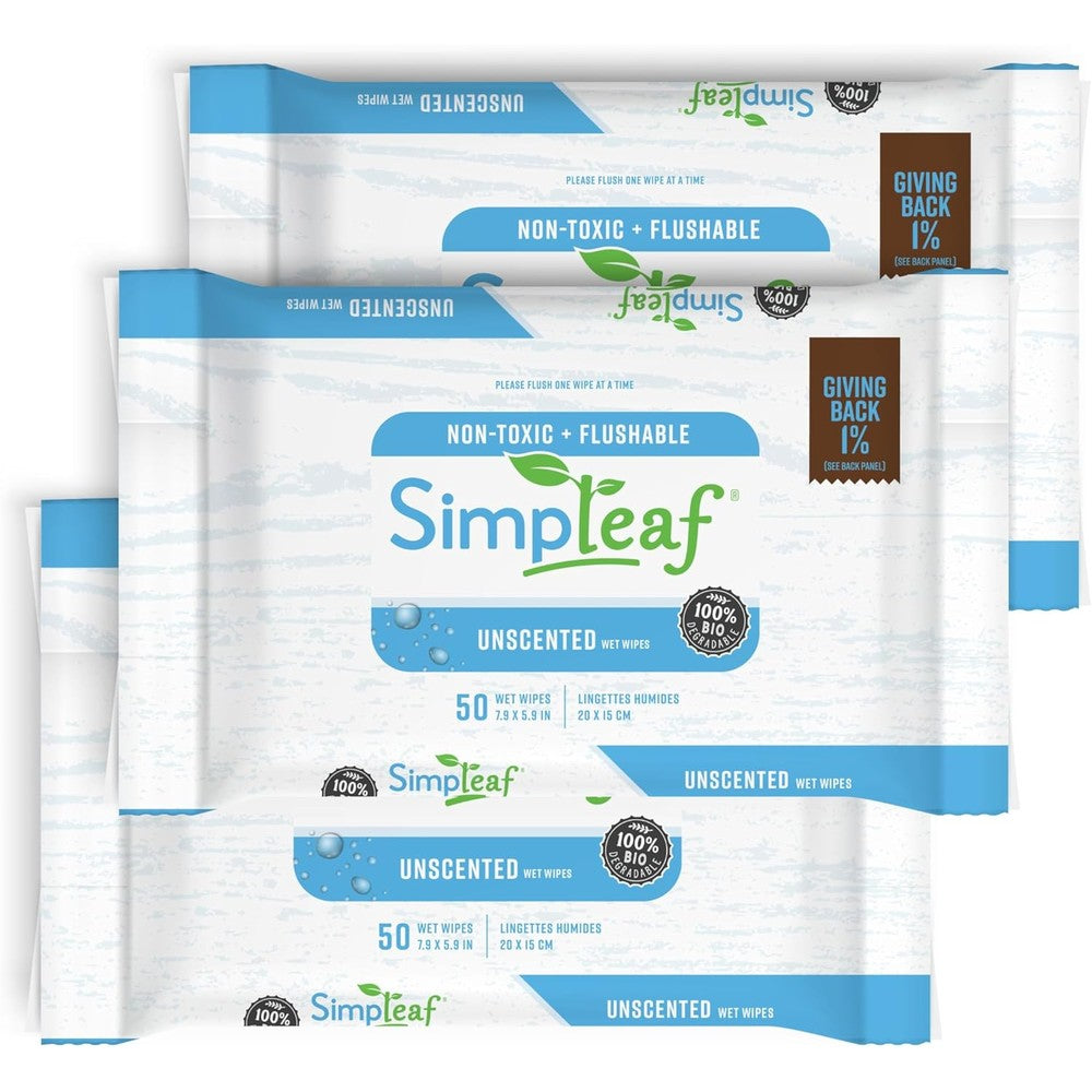 Simpleaf Flushable Wet Wipes Unscented three pack front view personal cleansing wipes
