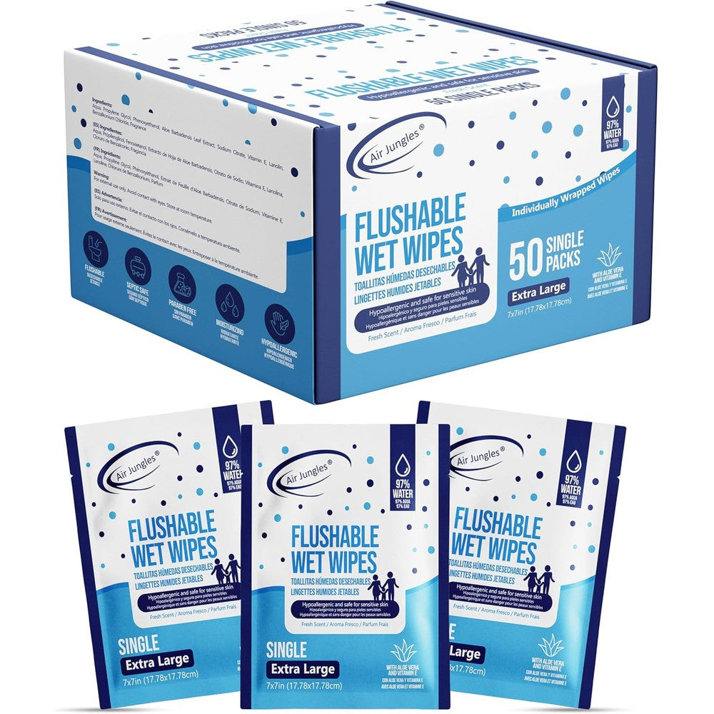 Air Jungles Flushable Wipes individually wrapped 50 count pack front view