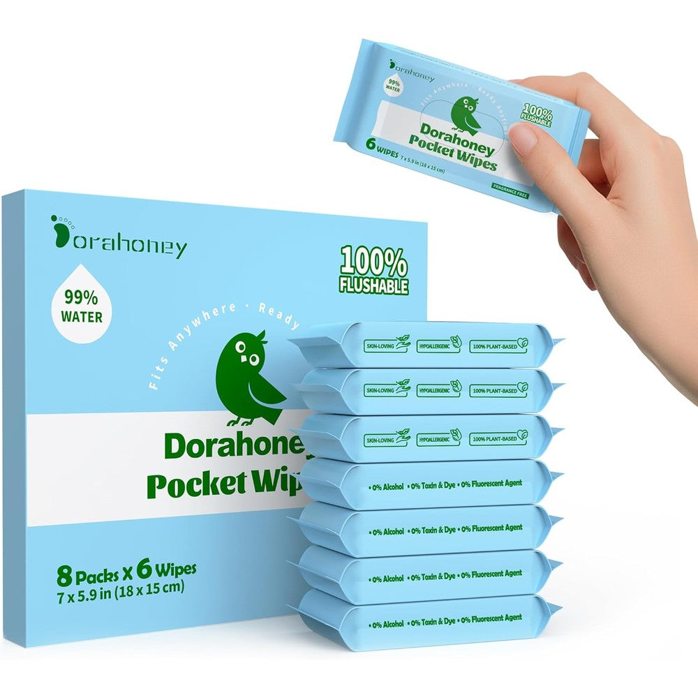 Dorahoney flushable travel wipes front view package
