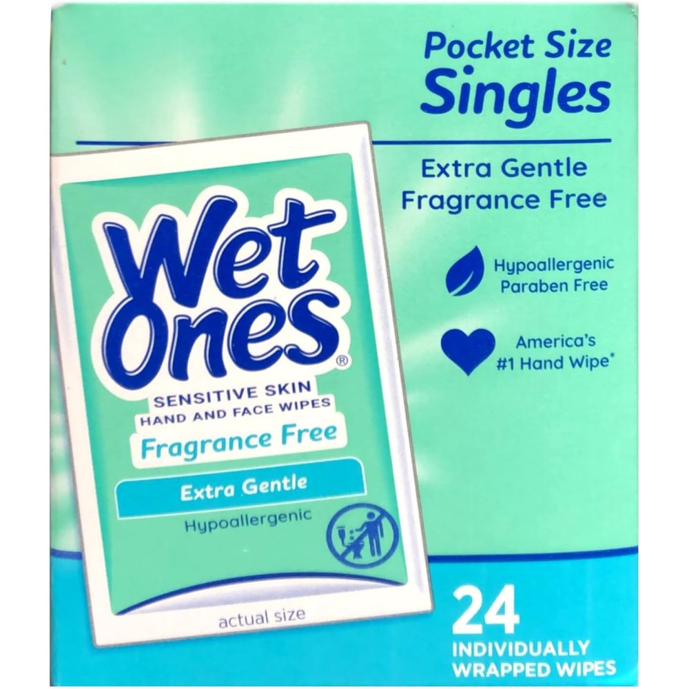 Wet Ones Sensitive Skin Hand Wipes Singles 24 Count front view packaging