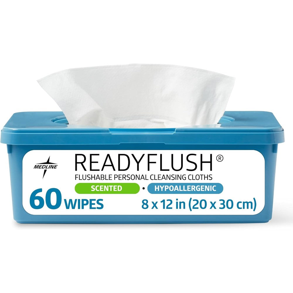 Medline ReadyFlush Flushable Wipes sixty count tub front view showing authentic personal cleansing cloths packaging.