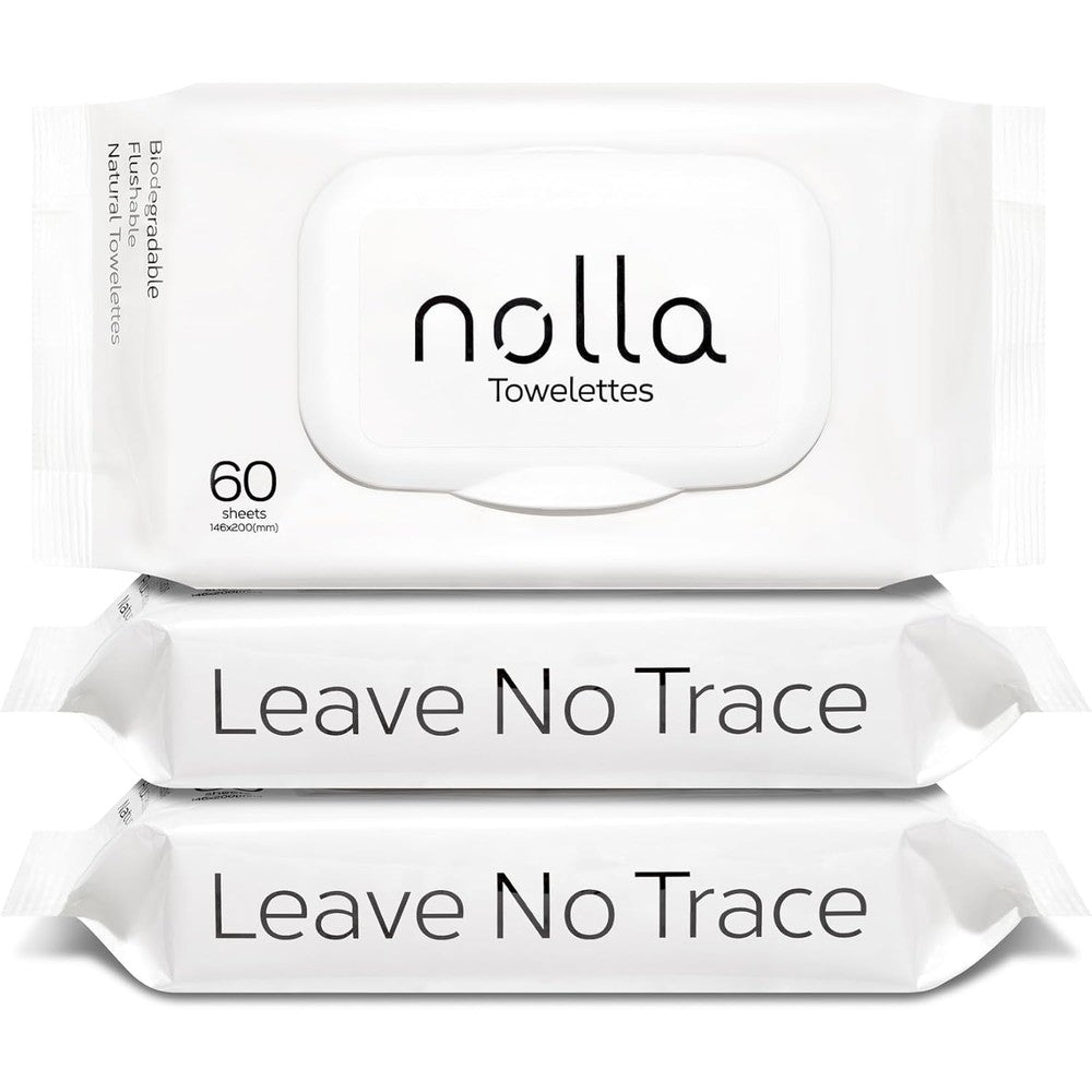 Nolla Flushable Wipes front view of the packaging showcasing the 180 count bundle pack.