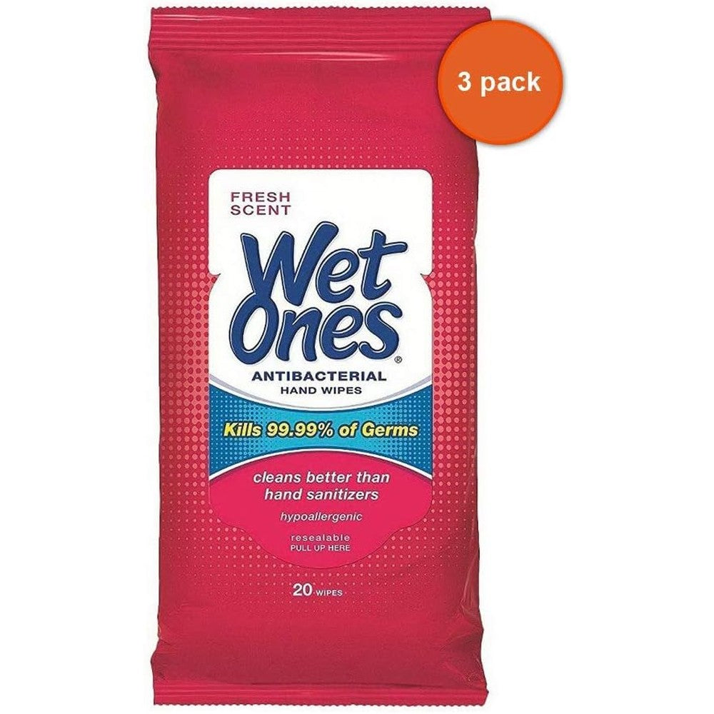 Wet Ones Antibacterial Hand Wipes 20 Count Pack of 3 front view
