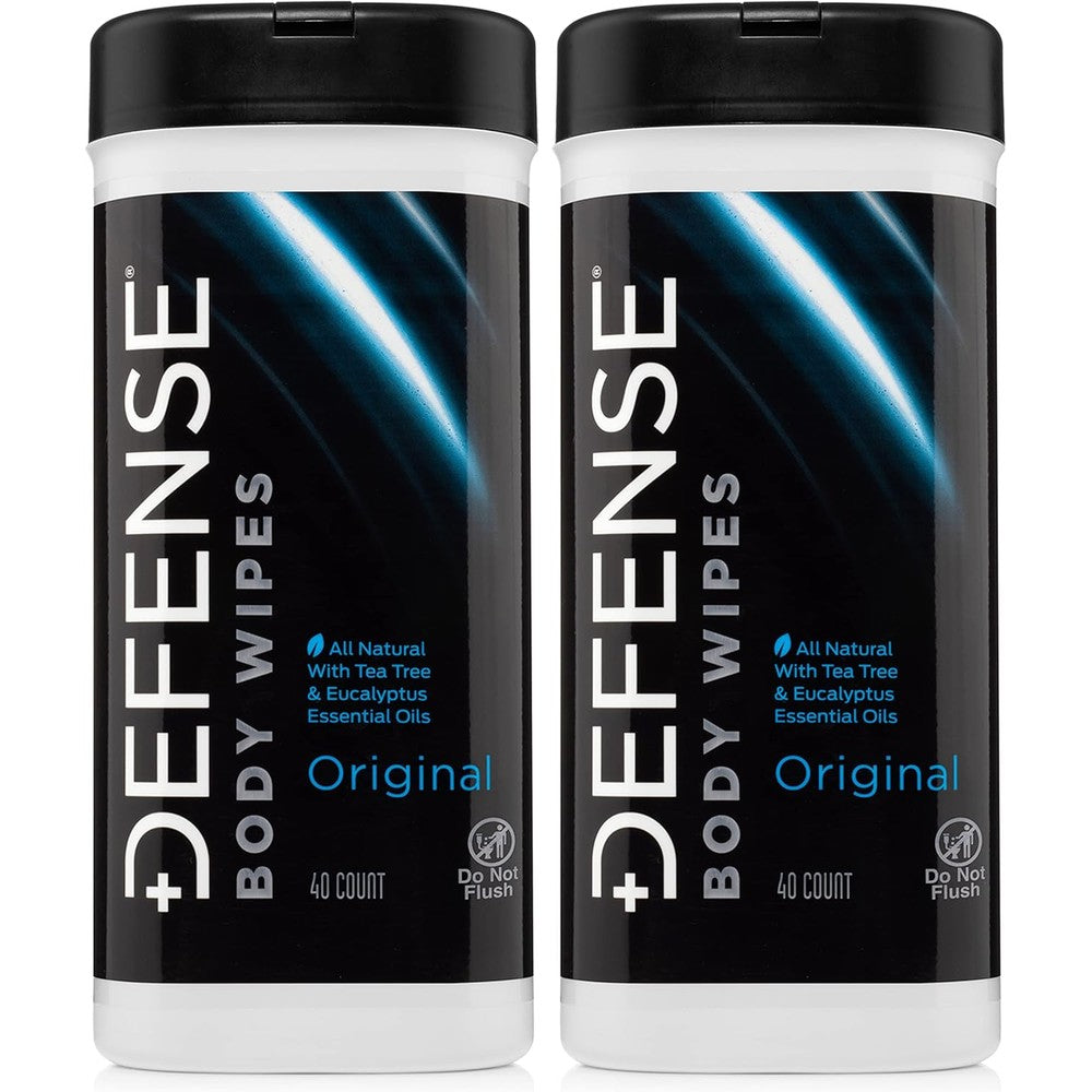 Defense Soap All Natural Body Wipes front view of two pack canister showcasing tea tree oil ingredients