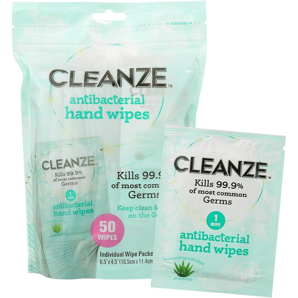 Cleanze antibacterial hand sanitizing wipes 50 pack front view