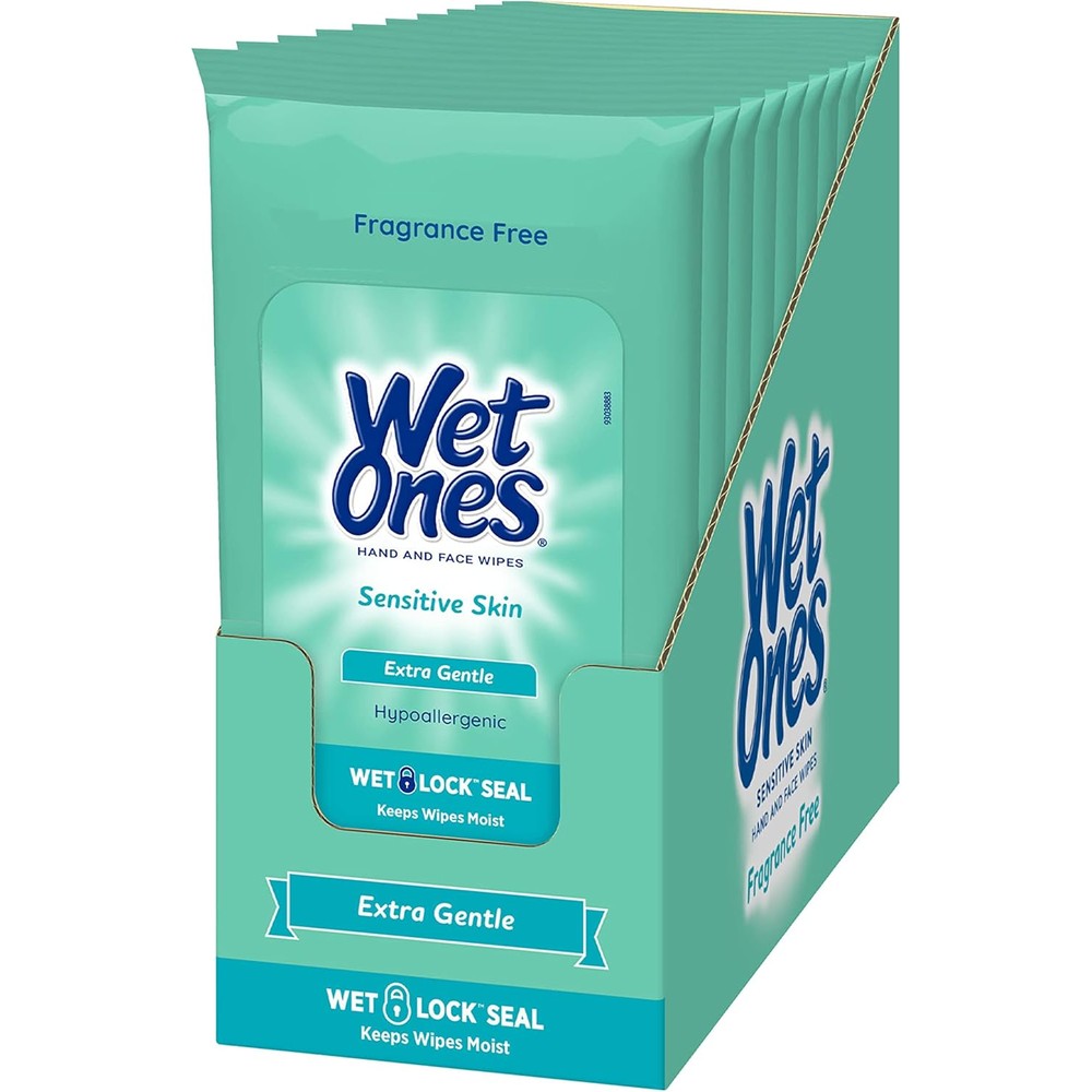 Wet Ones Sensitive Skin hands and face wipes travel pack front view