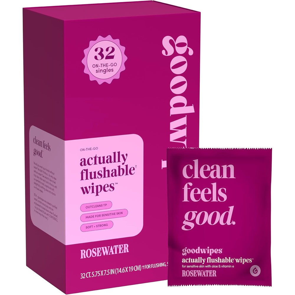 Goodwipes flushable wipes rosewater front view packaging