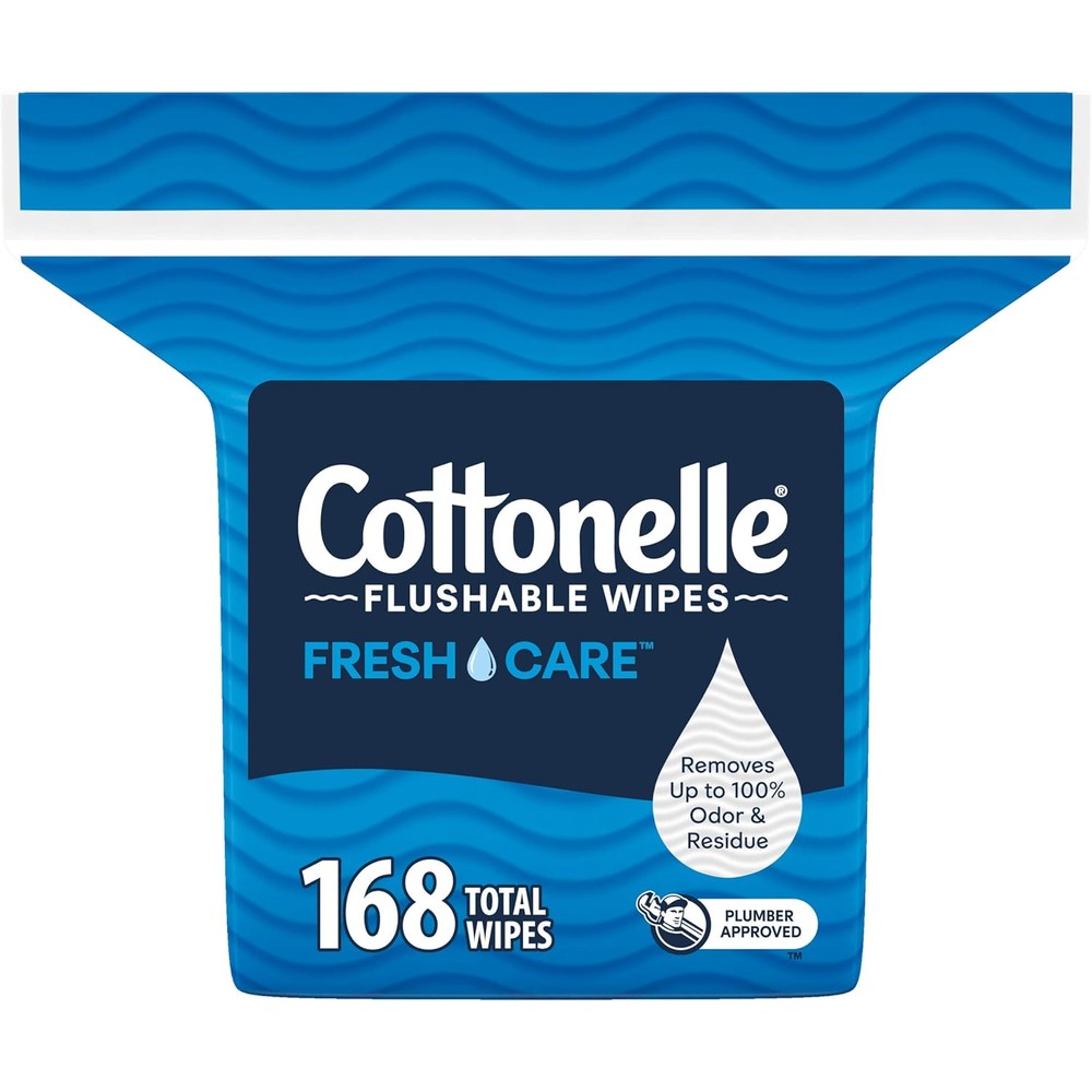 Cottonelle Fresh Care Flushable Wet Wipes front view of the one hundred sixty-eight count refill pack.
