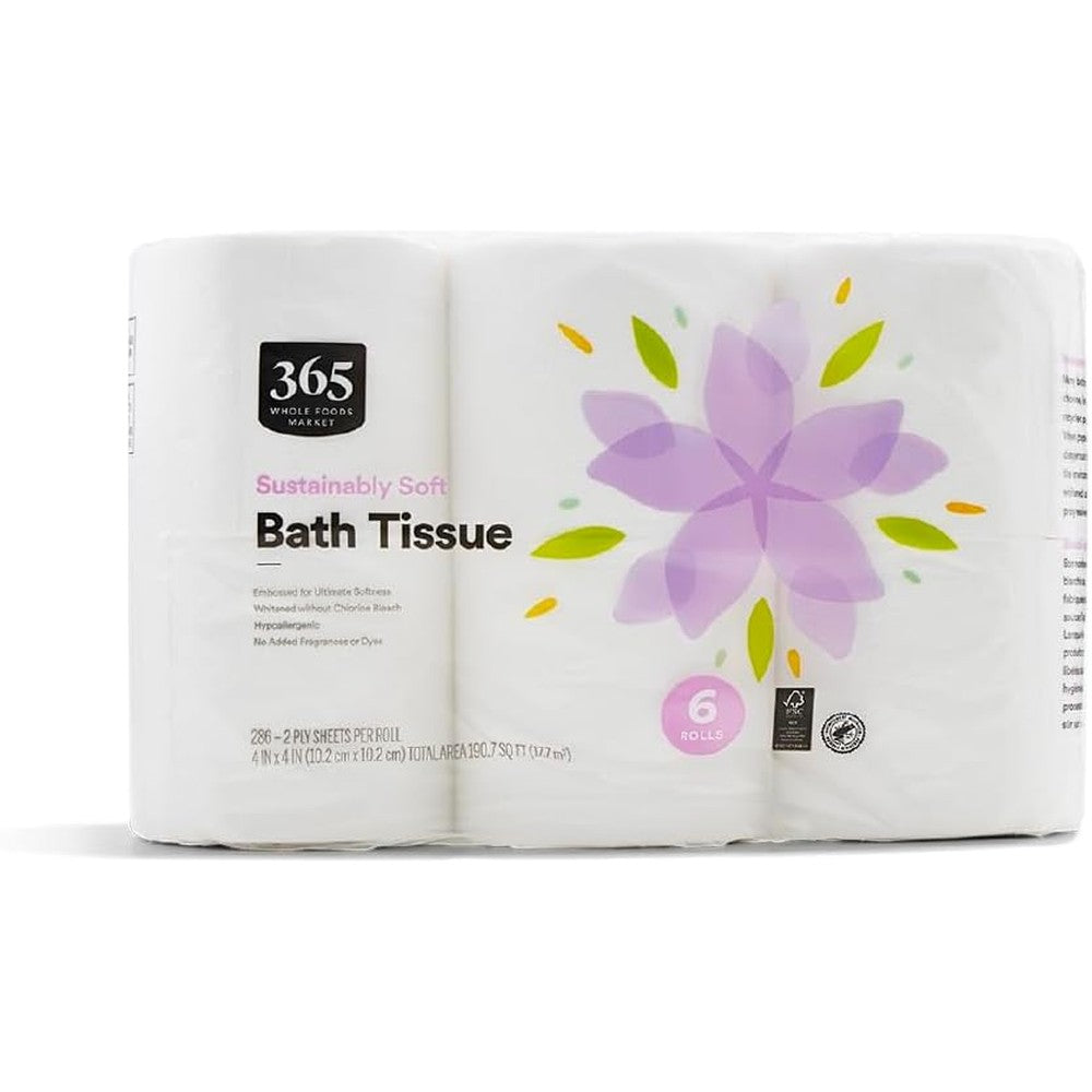 365 by Whole Foods Market Sustainably Soft Bath Tissue 6 Count front view imported toilet paper.