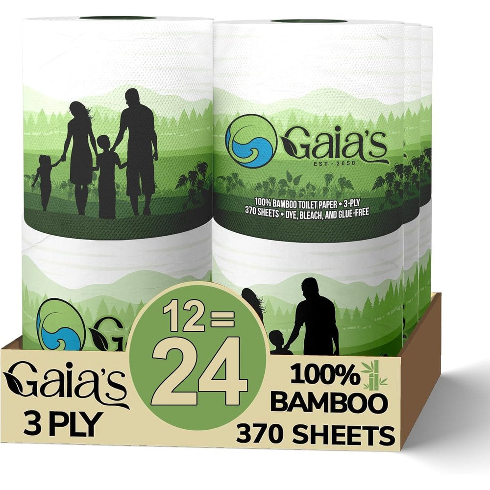 Gaias Premium Organic Bamboo Toilet Paper 12 mega rolls front view eco friendly packaging.