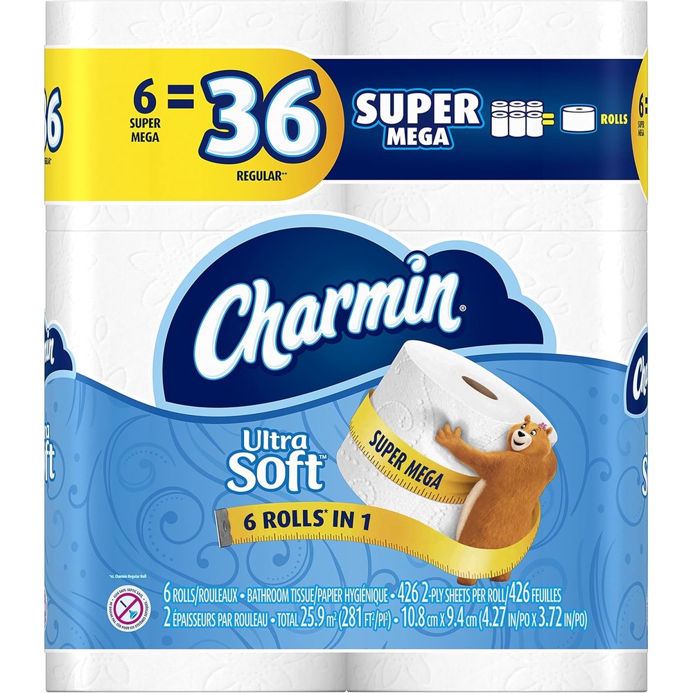 Charmin Ultra Soft Wide Bathroom Tissue 6 Jumbo Rolls front view imported toilet paper