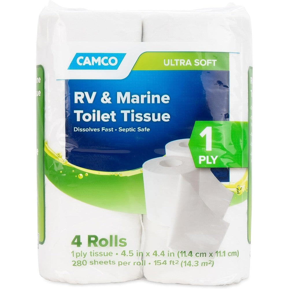Camco Marine and RV Toilet Paper 4-roll pack front view for travel sanitation.