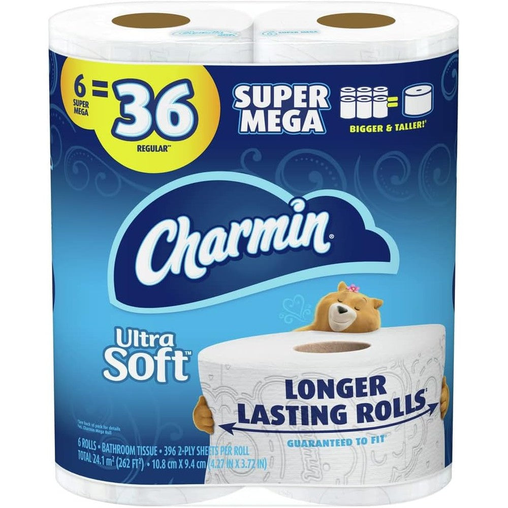 Charmin Ultra Soft Toilet Paper 6 Super Mega Rolls front view packaging